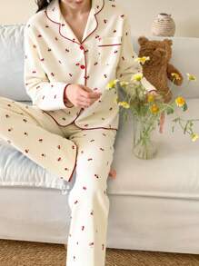 Genkimix Kids Teen Girls Apricot Minimalist Cherry Print Long Sleeve Top And Pants 2 Pieces Casual Comfortable Loungewear Set,Summer,Travel - Apricot - View 3