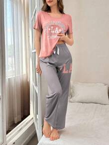 Conjunto de pijama de manga corta con bloqueo de color y estampado de letras informal - Multicolor - Ver 3