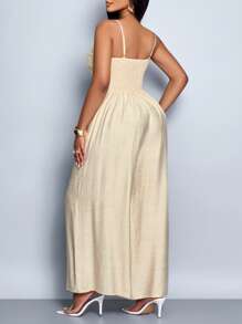 SOLERSUN 女式垂坠前垂领系带露背阔腿吊带连体裤，适合日常穿着和度假穿着 - 杏色 - 查看 2