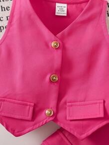 Babygirl Casual Pink Simple Top & Wide Leg Pants Suit Set - Pink - View 7