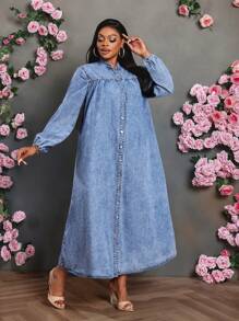SHEIN Lady Plus Size Casual Long Sleeve Denim Dress, Blue Holiday Outfits, Fall Women Clothes