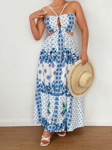 Flirla Bohemian Print Hollow Out Spaghetti Strap Long Summer Vacation Beach Dress