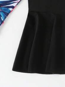 Tween Girls Tropical Plant Flower Print Trumpet Sleeve Tankini Swimsuit Set - Black - View 6