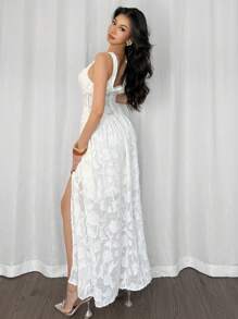 Firerie Romantic Date/Wedding/Holiday Sleeveless Square Neck Cinched Waist Flared Hem Lace Texture High Slit Dress, White & Beige, For Beach/Vacation Outfits, Airport Fashion - Apricot - View 3