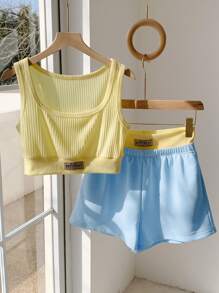 Comfortcana Bộ 2 món/Bộ áo ba lỗ in chữ và quần short thường ngày mùa hè cho nữ - Nhiều màu - Xem 5