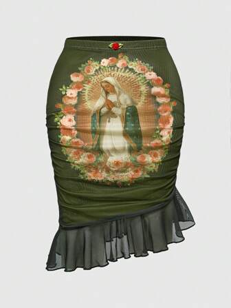 Fairycore Women's Retro Palace Style Virgin Mary Graphic Mesh Skirt