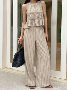 DAZY 2 pezzi/set Top alla halter con volant a righe e pantaloni casual da donna