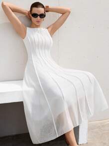 Aveloria Modichic Vestido elegante sin mangas con estampado floral, textura de tela, cintura alta y vuelo en el bajo, estilo vacacional - Blanco - Ver 4