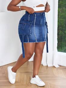 SHEIN SXY 加大码女式牛仔弹力修身个性磨边短裙，牛仔竞技表演，夏季节日海滩度假