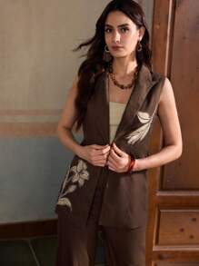 ZEYLAH Áo khoác blazer rộng rãi thêu vải lanh hai hàng khuy, thời trang cho mùa hè - Cà phê nâu - Xem 4