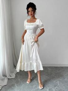 Elenzga 女士优雅褶皱圆点方领泡泡袖收腰中长连衣裙