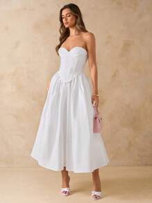 SHEIN BAE 纯白色优雅中长连衣裙，带蝴蝶结，修身休闲连衣裙，适合约会、度假、派对、生日、早午餐、婚礼嘉宾、伴娘、春夏季 - 白色 - 查看 1