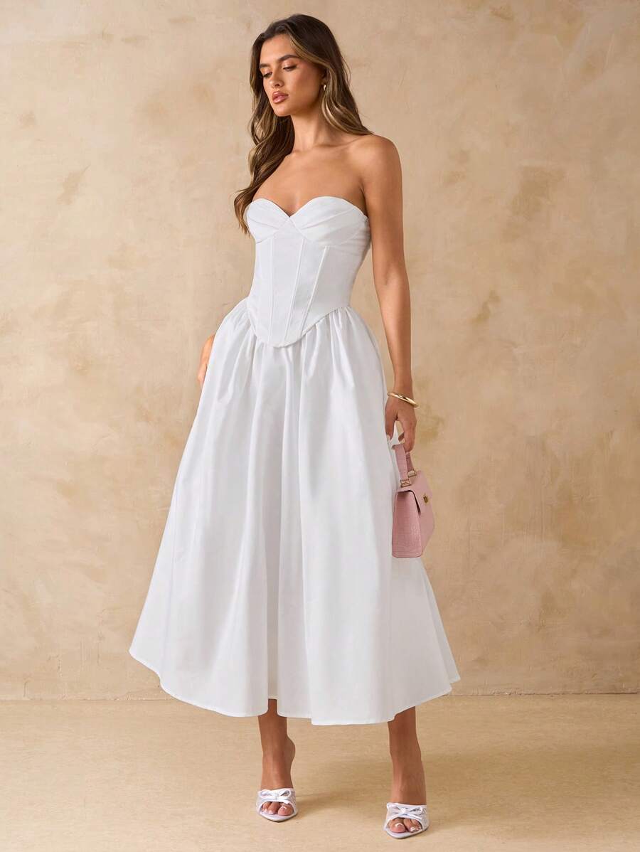 SHEIN BAE 纯白色优雅中长连衣裙，带蝴蝶结，修身休闲连衣裙，适合约会、度假、派对、生日、早午餐、婚礼嘉宾、伴娘、春夏季 - 白色 - 查看 1