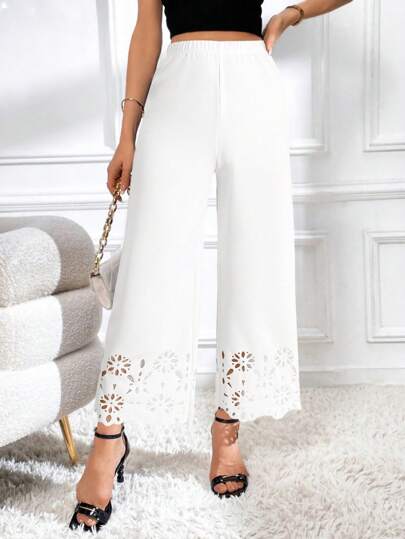 Firerie Women's Solid Color Elastic Waist Laser Cut Wide Leg Pants