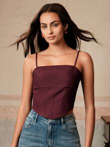 Anewsta Elegant Slimming Ribbed Spaghetti Strap Camisole Top In Burgundy, Fishbone Design, Suitable For Vacation And Various Occasions - Burgundy - View 4