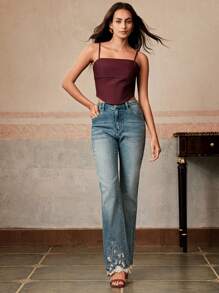 Anewsta Elegant Slimming Ribbed Spaghetti Strap Camisole Top In Burgundy, Fishbone Design, Suitable For Vacation And Various Occasions - Burgundy - View 6