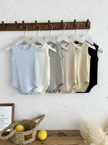 SHEIN Vintaside Kids 男宝宝夏季多色无袖连体衣六件套，涵盖黑、白、灰、深杏、浅蓝、浅卡其等经典色系，多种颜色满足多种搭配需求，风格简约休闲舒适大气。采用坑纹面料，具有天然纹理 - 彩色 - 查看 8