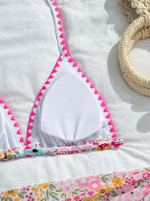 SHEIN Teen Girls Tropical Flower Print Halter Neck Bikini Swimsuit Set With Beach Skirt - Multicolor - View 8