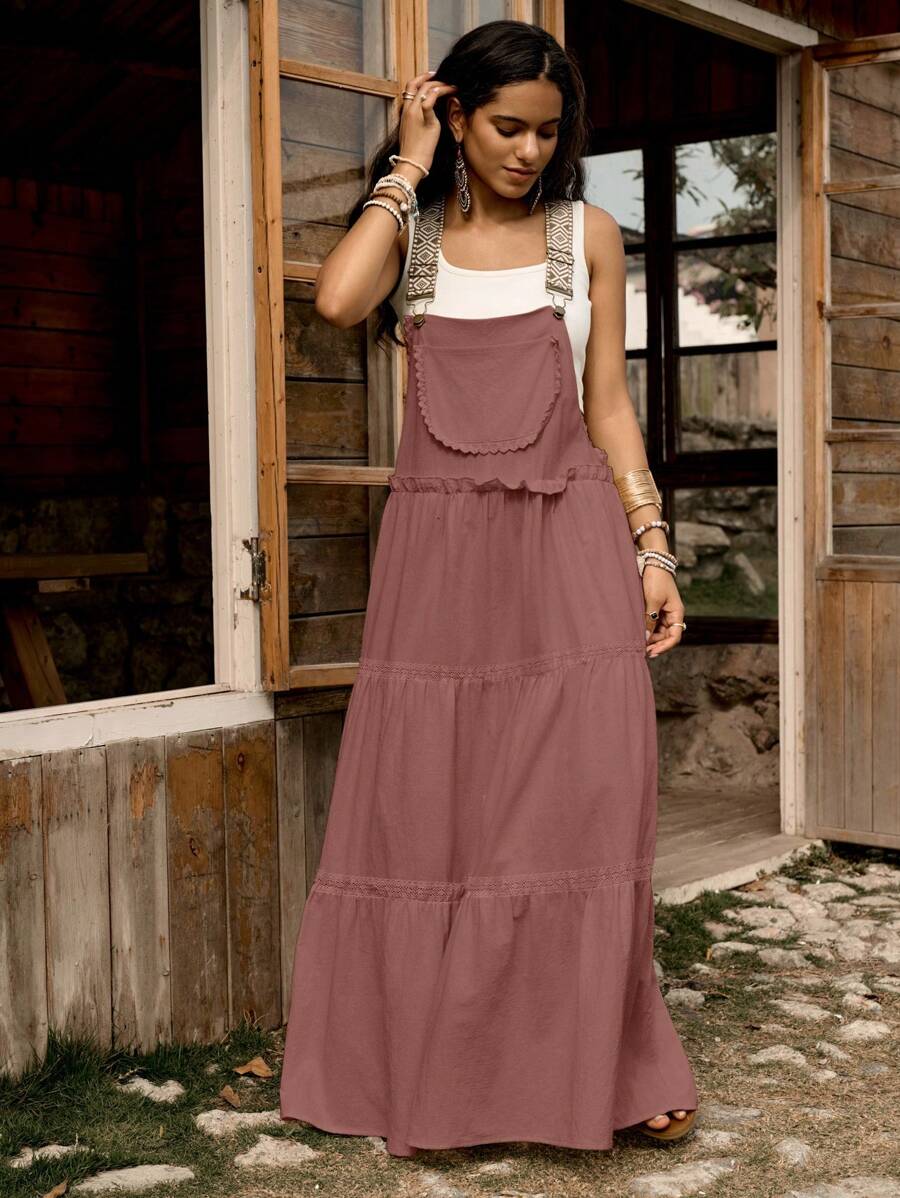 LanaWest 100% Cotton Women's Lace Patchwork Adjustable Strap Dress - Dusty Pink - View 1