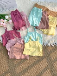 SHEIN 10 pièces/Paquet Top à bretelles et short décontractés pour bébé fille tout-petits, usage quotidien intérieur/extérieur 0-3 ans, multicolore