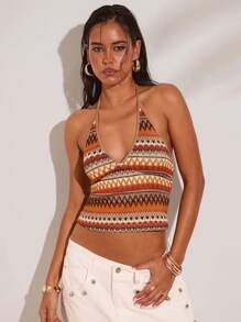 SHEIN BAE 1 Pieza de Verano y Primavera Camiseta de Tirantes con Cuello en V Sencillo a Rayas de Ganchillo Adecuada para Vacaciones de Primavera Verano, Elegante Sexy Playa Resort Isla Vacaciones, Mujer Luna de Miel, Fiesta de Piscina Vacaciones