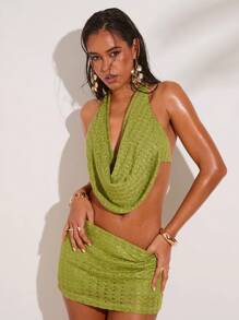 SHEIN BAE 2 Pieces Of Spring And Summer Crochet Draped Blouse And Low Waist Culottes Suitable For Island Vacation Outfits, Honeymoon Outfits Woman, Pool Party Outfit Vacation Outfits Woman Two Pieces Summer Set - Green - View 1