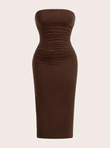 SHEIN EZwear 女式多色褶饰开衩至大腿抹胸紧身针织连衣裙 - 棕色 - 查看 5