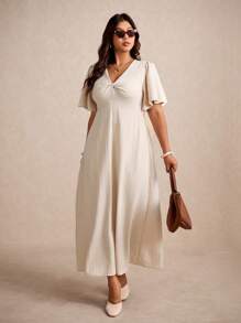 Elaquor Plus Size Casual Resort Textured Twist Front Waist Cinched A-Line Dress