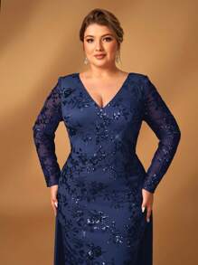 Serin Plus Size Women's Elegant Luxurious Sparkling Sequin Fabric V-Neck Mid-Sleeve Mermaid Long Hem Patchwork Chiffon Flowy Dress, Suitable For Wedding, Gala, Party, Formal Mother Of The Bride Dress