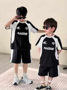 SHEIN 2pcs Young Boys Casual Comfortable Contrasting Color Raglan Sleeve T-Shirt And Shorts Set, Suitable For Spring & Summer Outdoor Wear - Multicolor - View 1
