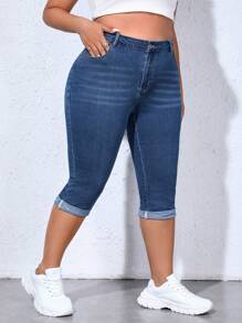 SHEIN CURVE+ Jeans de mezclilla casual con diseño de bigotes de gato para tallas grandes