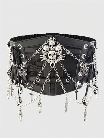 Goth 1pc Women's Black Lace Chain Skull & Cross Tie Waist Decor Dark Goth Elastic Waistband Dress Accessory For Halloween