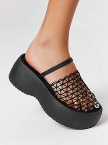 ROMWE Goth Women's Gothic Punk Style Mesh Backless Mules, Sexy Hollow Wedge Slide Sandals, Summer