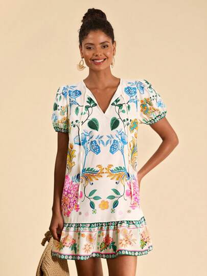 Travachic 女式花卉印花泡泡袖宽松度假连衣裙，夏季，女式夏季服装，沙滩装，女式沙滩装，女式度假服装，女式演唱会服装，波西米亚风，热带度假女装，女式夏季连衣裙，假日服装