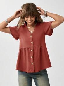 SHEIN LUNE Solid Button Front Peplum Blouse,Short Sleeve Tops - Burnt Orange - View 4
