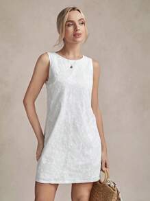 SHEIN LUNE 女式白色休閒圓領刺繡連衣裙 - 白色 - 查看 4