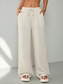 SHEIN PETITE 休闲百搭纯色直筒裤 - 米色 - 查看 3