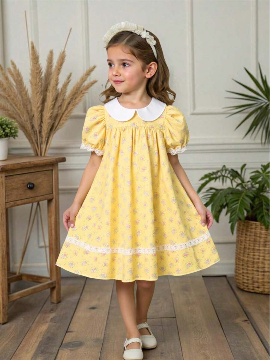 SHEIN Vintaside Kids Young Girls Elegant Sweet Cute Ditsy Floral Colorblock Peter Pan Collar Puff Sleeve Hem Ruffles Decor Casual Pastoral Princess Dress, Suitable For Holiday Party, Birthday Gift, Vacation Travel, Summer
