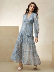 Anewsta 女士夏季新款优雅婚礼派对宾客装扮设计拼接长袖度假风V领雪纺印花荷叶边连衣裙 - 藍色 - 查看 3