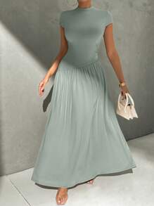 Firerie 优雅日常穿着简约纯色短袖合身立领不对称A字腰长裙 - 薄荷綠 - 查看 7