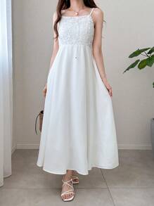 FRIFUL Women Spaghetti Strap Contrast Lace Waist Dress For Graduation, Festival, Holiday Wedding Women Dresses - White - View 4