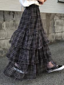 FRIFUL 娇小女式薄纱半身裙，甜美高腰半身裙，春夏格子裙 - 黑色 - 查看 5