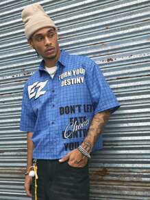 AXEPEAK Men Casual Street Fashion Checkered Loose Fit Short Sleeve Cropped Blue Shirt, Streetwear Essential, Emo - Blue - View 4