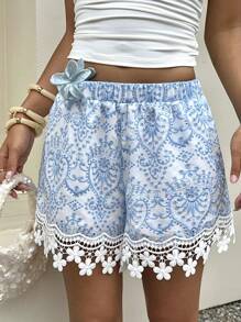 Sunnyshic Quần short rộng rãi thêu họa tiết thường ngày cho kỳ nghỉ - Xanh và trắng - Xem 1