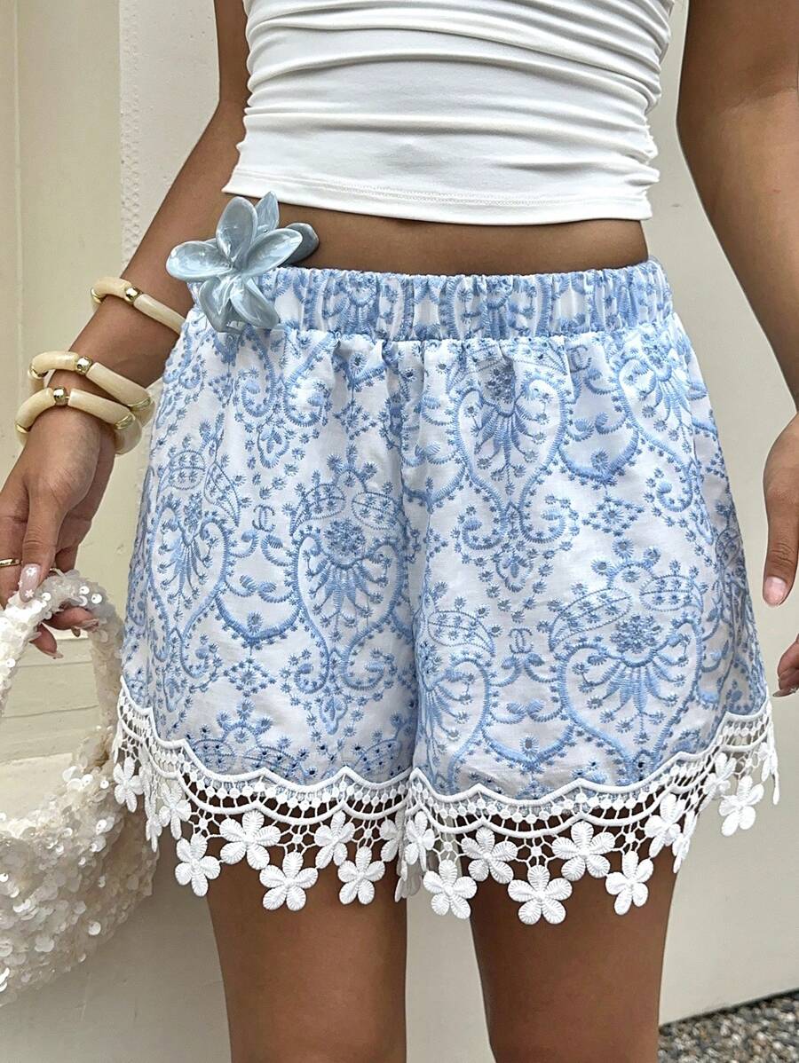 Sunnyshic Quần short rộng rãi thêu họa tiết thường ngày cho kỳ nghỉ - Xanh và trắng - Xem 1