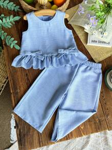 Vintaside Kids 2pcs/Set Baby Girl Casual Cute Bow Sleeveless Top And Pants Set - Blue - View 5