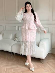 Dazy Plus 2 件套圆领撞色蕾丝腰鱼尾下摆半身裙套装，通勤优雅