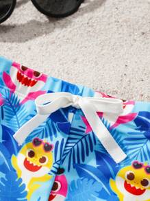 BABY SHARK X SHEIN 小男孩卡通鲨鱼和植物图案泳裤 - 藍色 - 查看 3