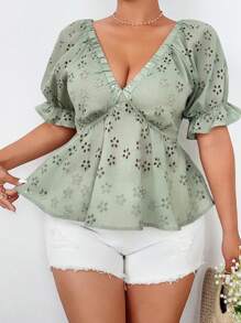 Flirla French V-Neck Embroidered Casual Women Blouse Top - Green - View 5