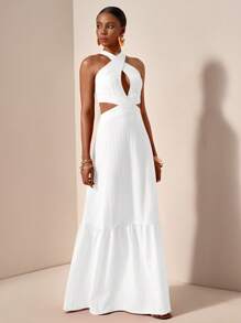 Zivah 2025 Váy Maxi Dệt Sọc Sóng Họa Tiết Màu Cam Cho Nữ Mùa Xuân Hè Mới Cổ Chữ V Halter Khoét Hở Trước Ngực Khoét Hở Lưng Eo Bánh Váy Maxi A-Pulse Váy Maxi Dệt Sọc Sóng Cho Nữ-A - trắng - Xem 6